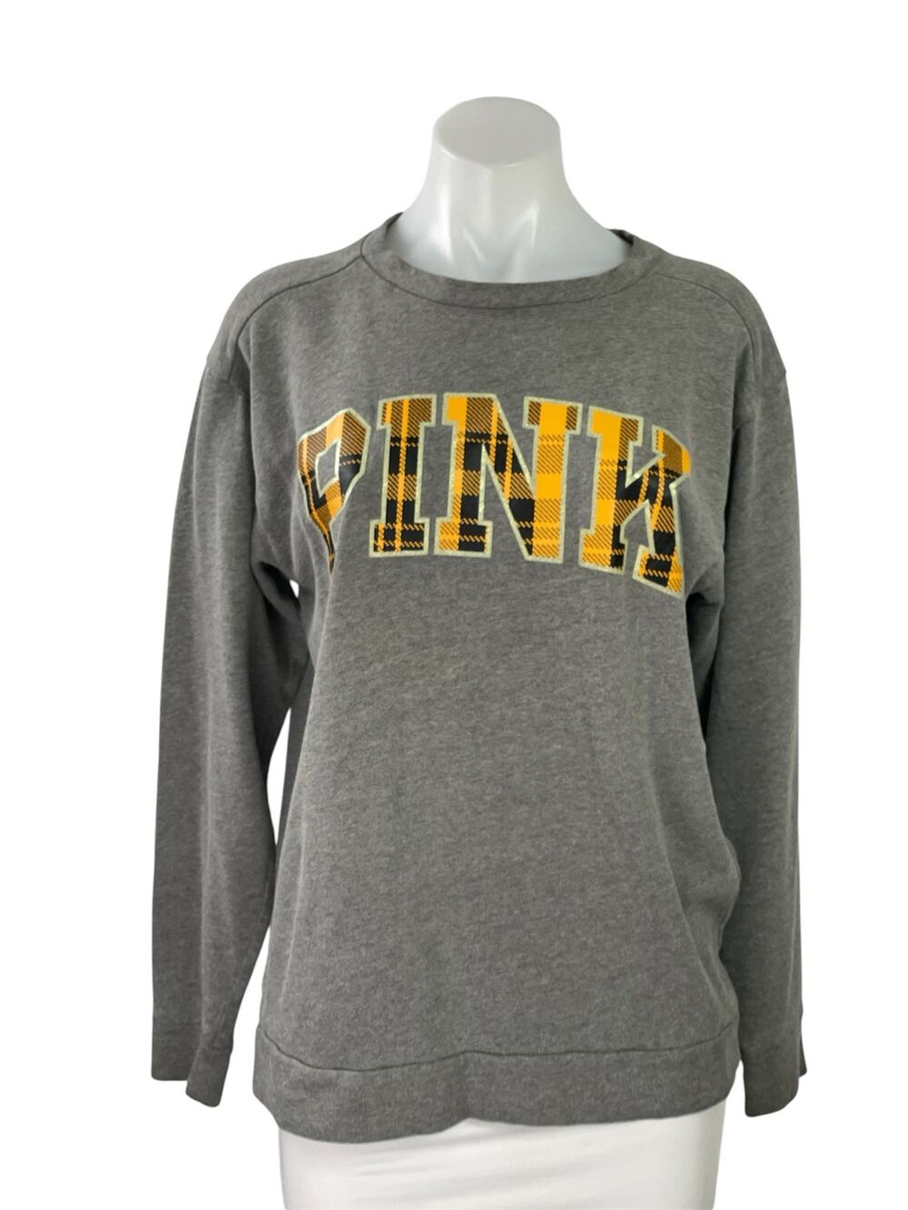 Pink Victoria's Secret Gray Check Logo Long Sleeve Sweater Sweatshirt Top Size S
